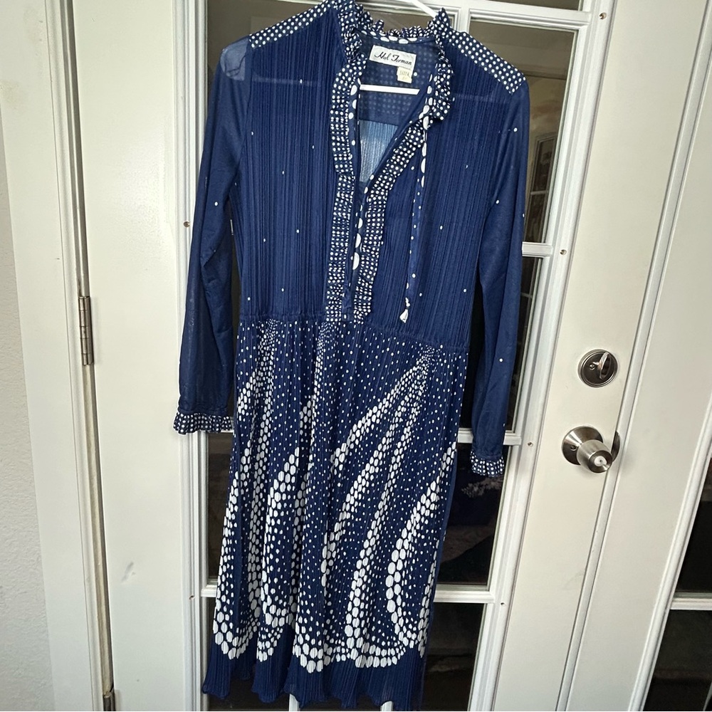 Vintage 1970’s Polka Dot Belted Pleated Hal‎ Ferman Dress, Size Small